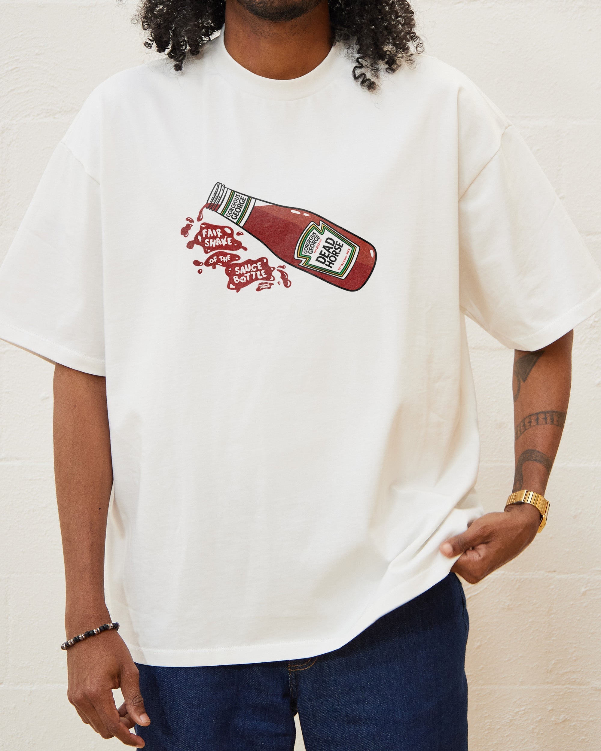 Fair Shake of the Sauce Bottle Oversized Graphic Tee - Unisex 90s Boxy Fit 100% Combed Cotton