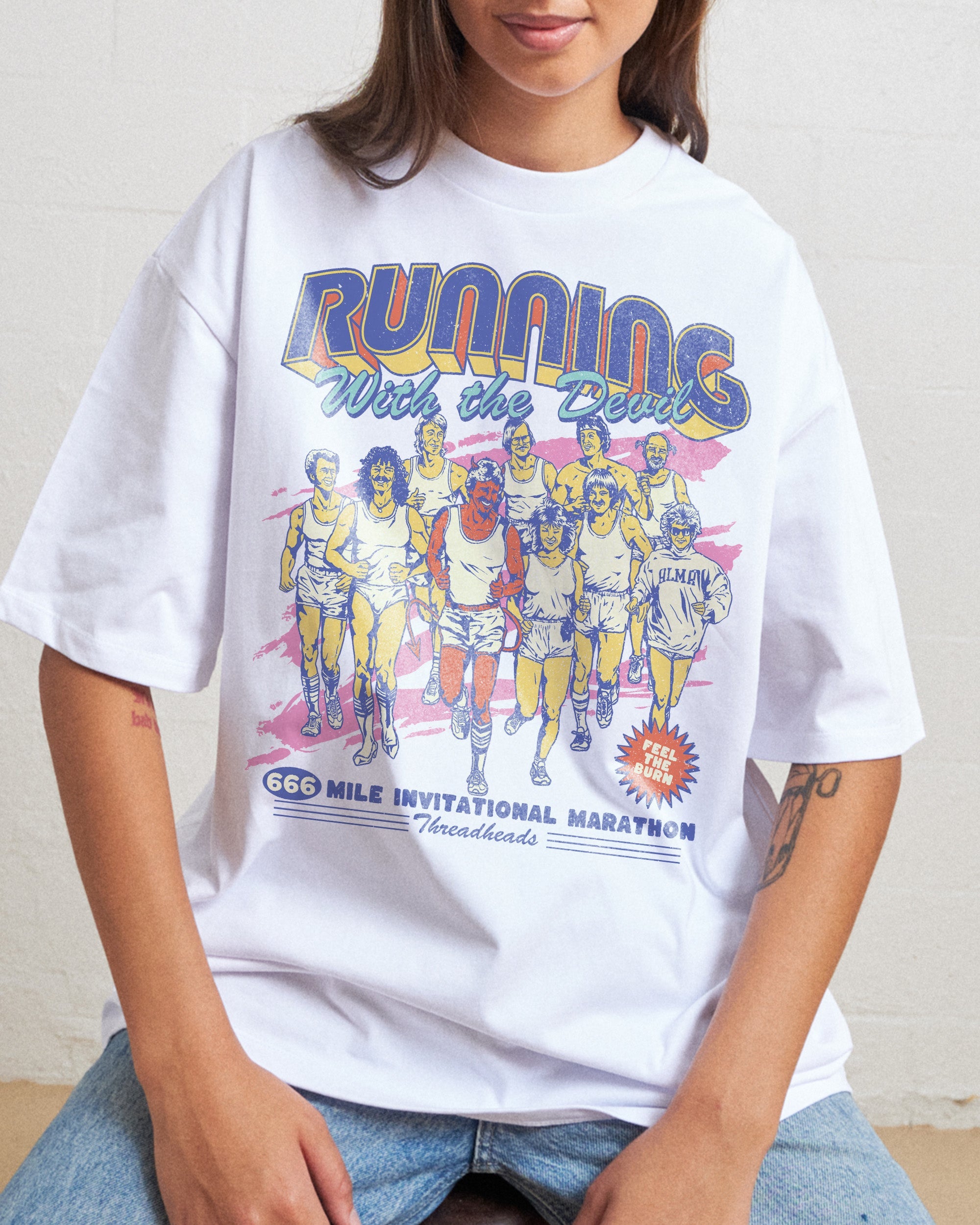Running with the Devil Oversized Graphic Tee - Unisex 90s Boxy Fit 100% Combed Cotton